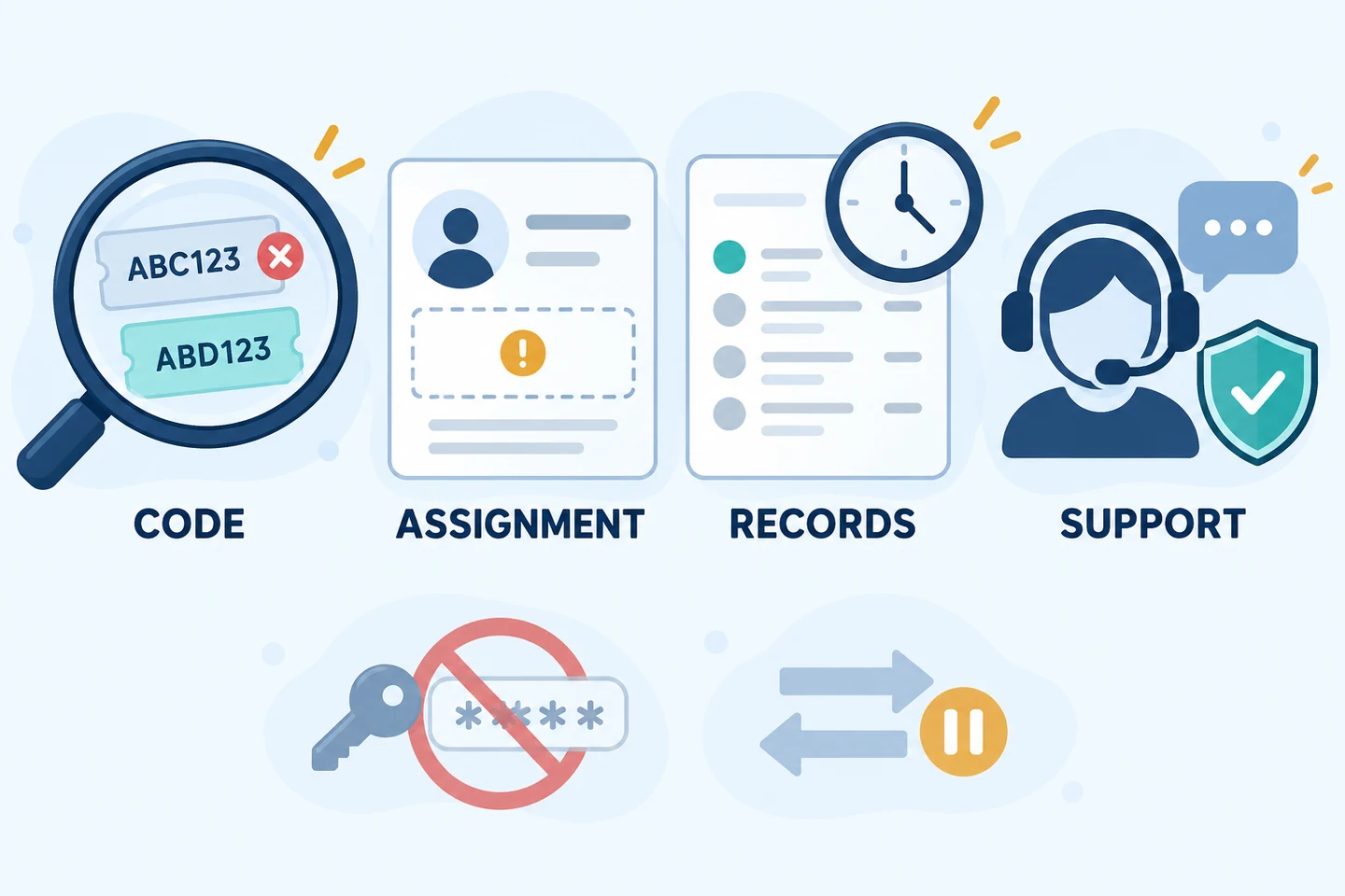 Check code, assignment and records with official support; do not share passwords or trade just to test.